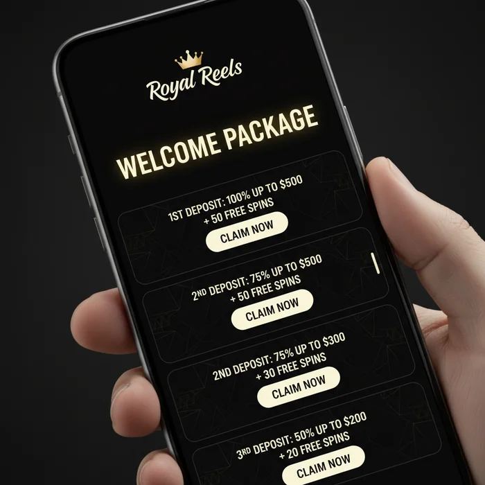 Royal Reels bonus page — welcome package, wagering requirements and promo code entry